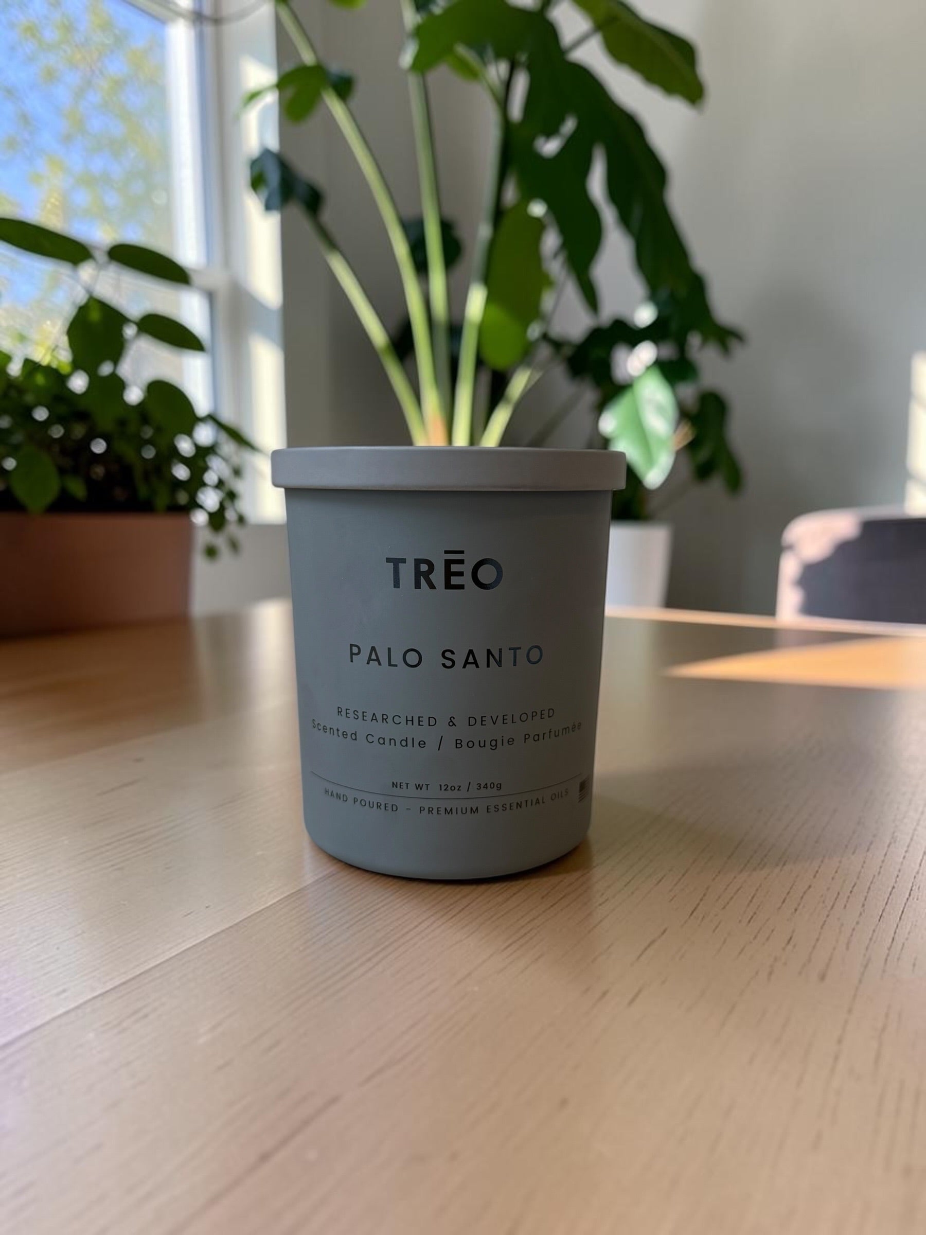 TRĒO Palo Santo candle on a wood table