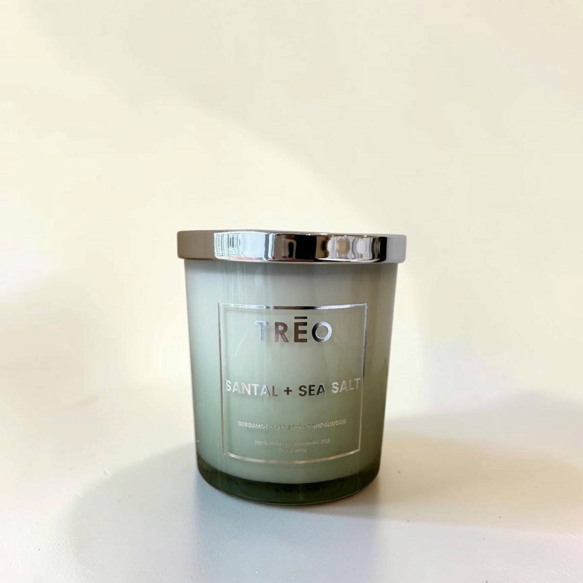 TRĒO Santal + Sea Salt scented candle, 12 oz, studio photo